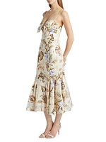 Coco Leaf-Printed Linen Midi-Dress