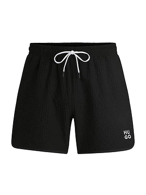 Waffle-Structured Swim Shorts with Embroidered Stacked Logo