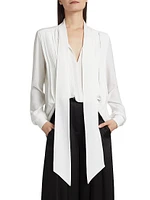 Silk Pleated Tieneck Blouse