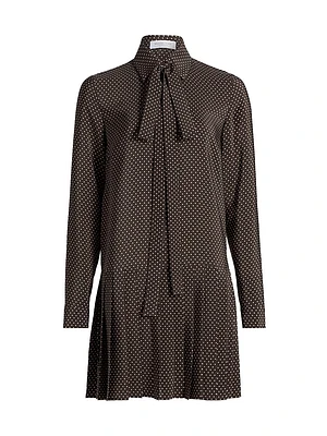 Polka Dot Silk Pleated Tieneck Minidress