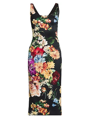 Rafia Fiori Floral Scoopneck Satin Midi-Dress