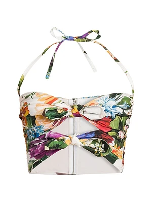 Rafia Fiori Floral Bow Cut-Out Cropped Top