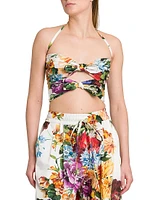 Rafia Fiori Floral Bow Cut-Out Cropped Top