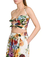 Rafia Fiori Floral Bow Cut-Out Cropped Top