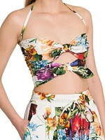 Rafia Fiori Floral Bow Cut-Out Cropped Top