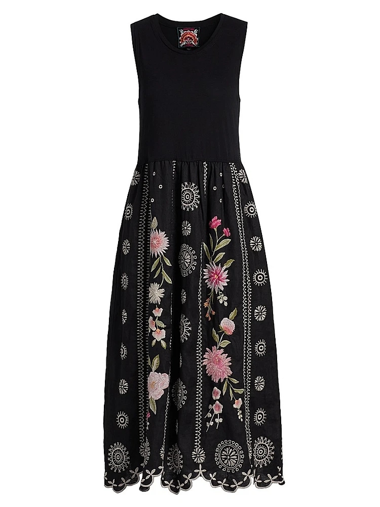 Della Floral-Embroidered Linen Mixed-Media Midi-Dress