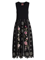 Della Floral-Embroidered Linen Mixed-Media Midi-Dress