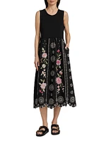 Della Floral-Embroidered Linen Mixed-Media Midi-Dress