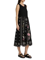 Della Floral-Embroidered Linen Mixed-Media Midi-Dress