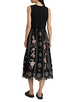 Della Floral-Embroidered Linen Mixed-Media Midi-Dress