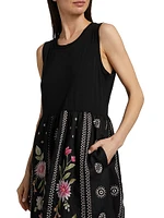 Della Floral-Embroidered Linen Mixed-Media Midi-Dress