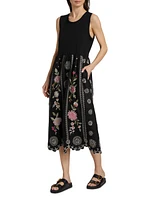Della Floral-Embroidered Linen Mixed-Media Midi-Dress