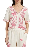 Printed Linen V-Neck Blouse
