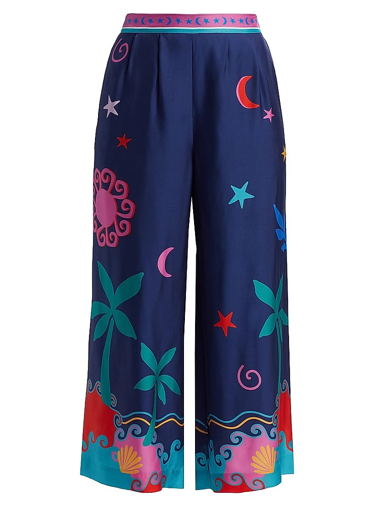 Julissa Celestial Print Silk-Blend Crop Pants