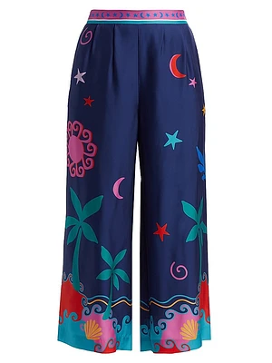 Julissa Celestial Print Silk-Blend Crop Pants