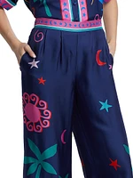 Julissa Celestial Print Silk-Blend Crop Pants
