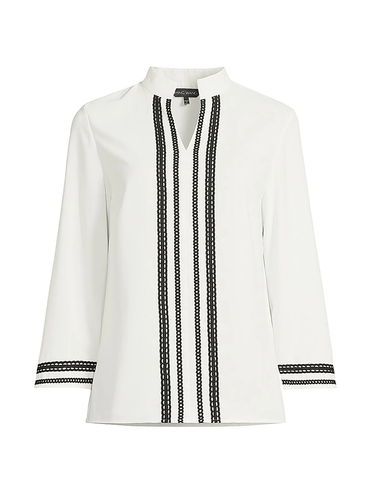 Ribbon Trim Crepe Blouse