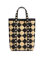 Mini Tote With Synthetic Raffia Embroidered Rockstud Chain