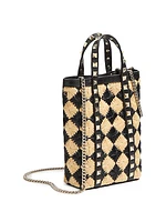 Mini Tote With Synthetic Raffia Embroidered Rockstud Chain