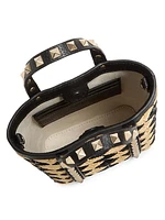 Mini Tote With Synthetic Raffia Embroidered Rockstud Chain