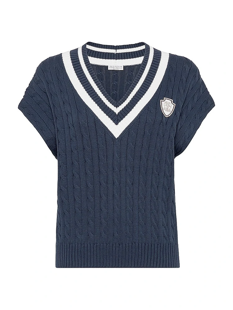 Cotton Cable Knit T-Shirt with Logo