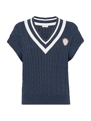 Cotton Cable Knit T-Shirt with Logo