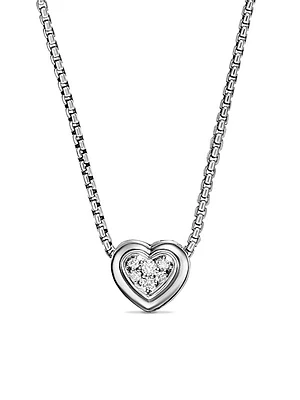 Puffy Heart Pendant Necklace in Sterling Silver with Diamonds, 7.8 MM