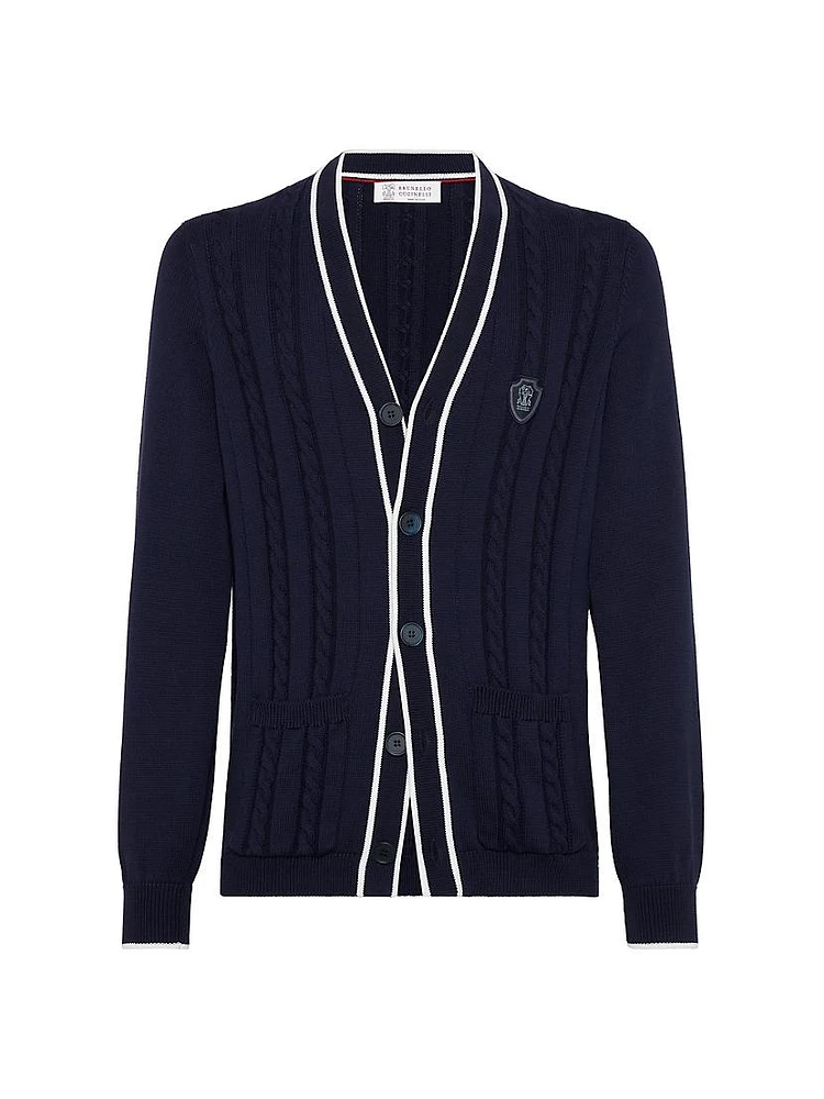 Cotton Cable Knit Cardigan with Logo