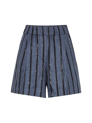 Denim Effect Linen Baggy Shorts with Dazzling Stripe Embroidery