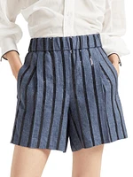 Denim Effect Linen Baggy Shorts with Dazzling Stripe Embroidery