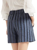Denim Effect Linen Baggy Shorts with Dazzling Stripe Embroidery