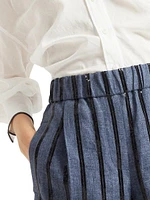 Denim Effect Linen Baggy Shorts with Dazzling Stripe Embroidery