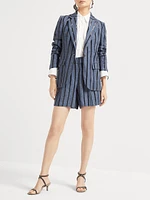 Denim Effect Linen Baggy Shorts with Dazzling Stripe Embroidery