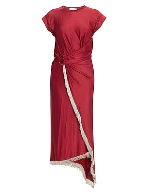 Fringe-Trimmed Faux-Wrap Maxi Dress