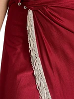 Fringe-Trimmed Faux-Wrap Maxi Dress