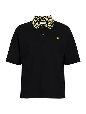 Animal-Printed Collar Boxy Polo Shirt