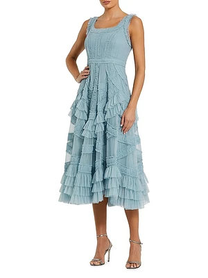 Mesh Ruffled Scoopneck Midi-Dress