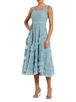 Mesh Ruffled Scoopneck Midi-Dress