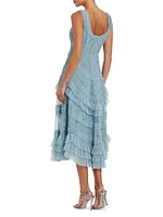 Mesh Ruffled Scoopneck Midi-Dress