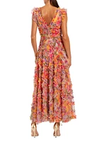 Floral Mesh Ruffled V-Neck Maxi Dress
