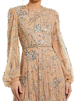 Embellished Mesh Balloon-Sleeve Gown