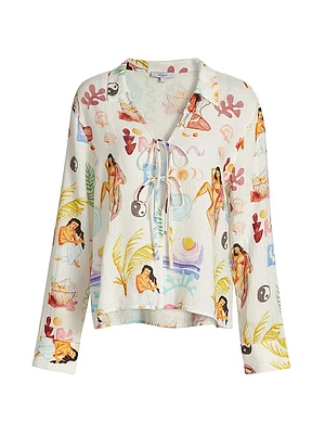 Elm Printed Linen-Blend Tieneck Blouse