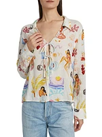 Elm Printed Linen-Blend Tieneck Blouse