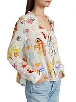 Elm Printed Linen-Blend Tieneck Blouse