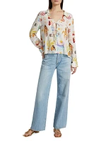 Elm Printed Linen-Blend Tieneck Blouse