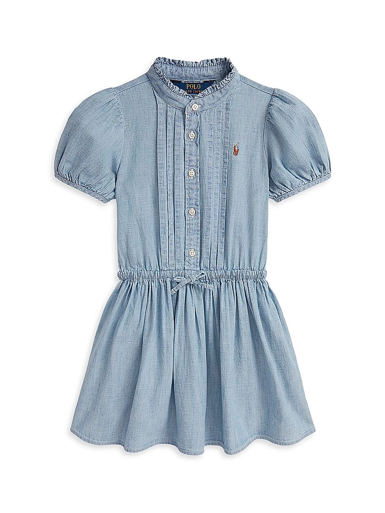 Little Girl's & Chambray Puff-Sleeve Ruffle-Trim Shirtdress