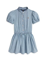 Little Girl's & Chambray Puff-Sleeve Ruffle-Trim Shirtdress