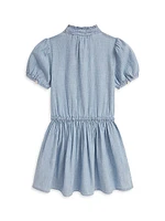 Little Girl's & Chambray Puff-Sleeve Ruffle-Trim Shirtdress