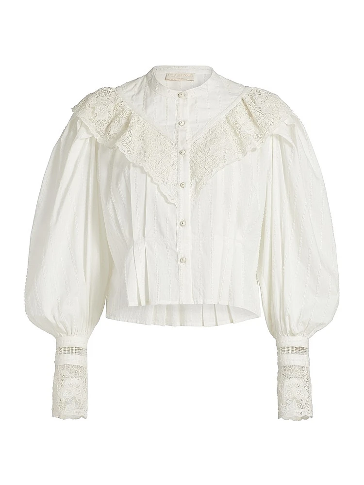 Esther Pleated Lace-Trim Cotton Blouse