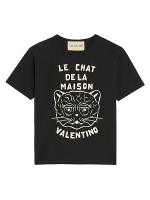 Cotton T-Shirt with Chat De La Maison Print